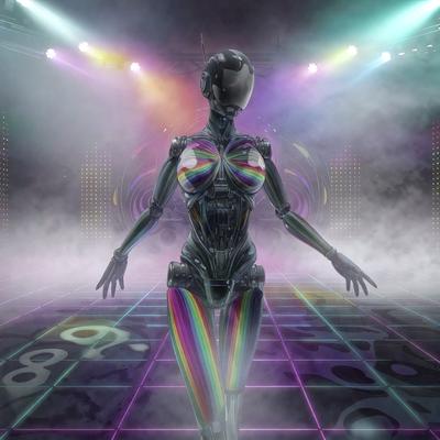 The primary subject of the image is a robotic woman, who appears to be a futuristic character. She is standing on a colorful, rainbow-colored dance floor, which serves as the setting for the scene. The visual style of the image is digital art, as it is a computer-generated representation of the robotic woman. The dominant colors in the image are rainbow colors, creating a vibrant and lively atmosphere.